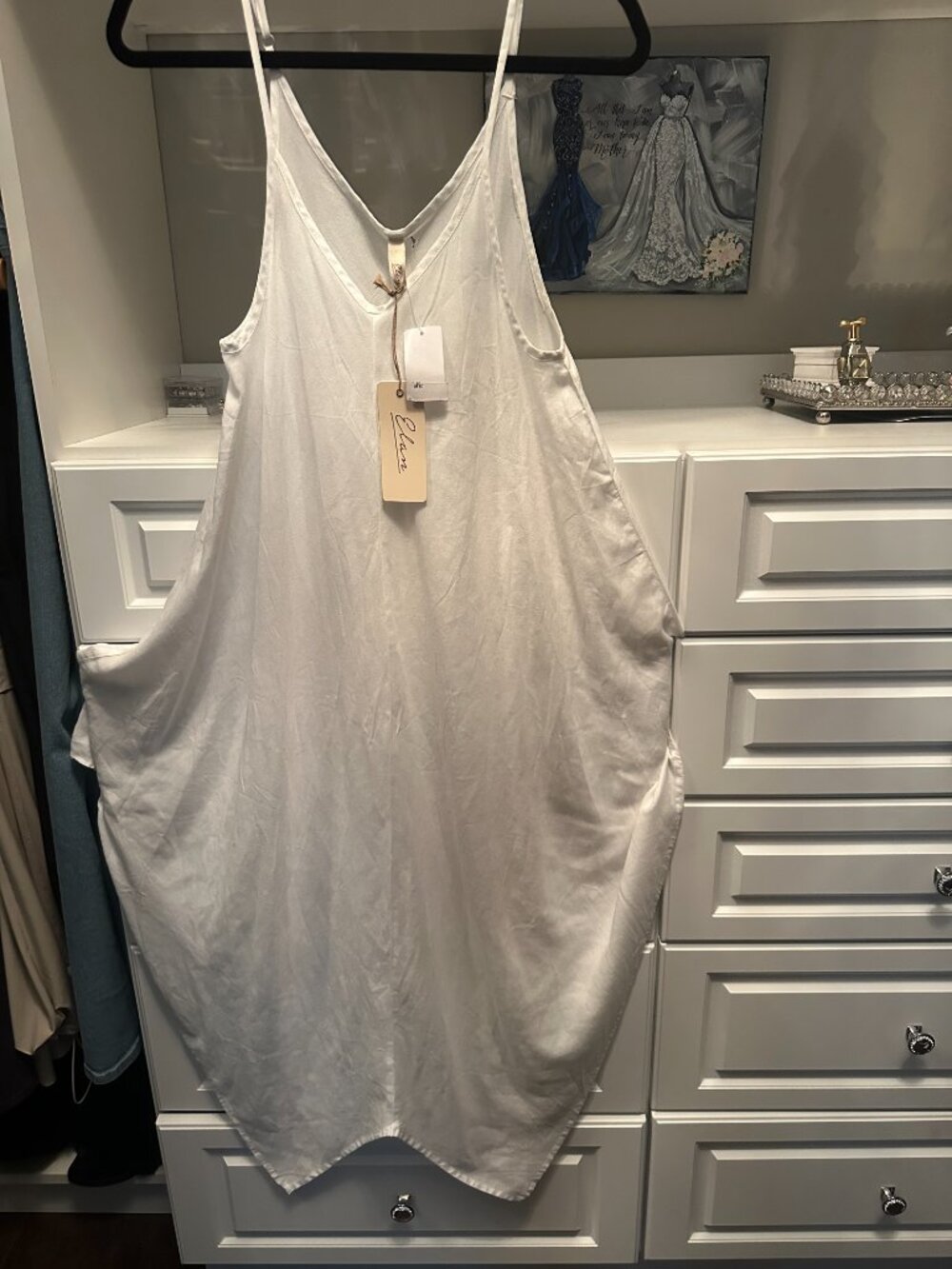 Elan White V-Neck Slip Dress with Branded Tag Handkerchief bottom - Picture 5 of 5